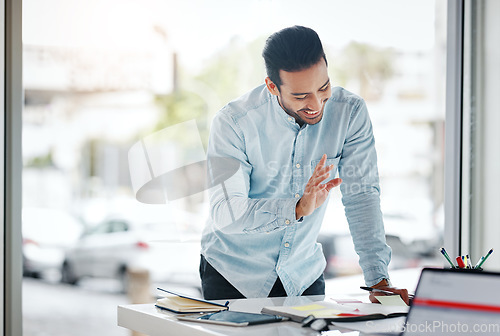 Image of Business, success and Asian man with smile, entrepreneur or profit growth in workplace, new project or deadline. Japanese male employee, consultant or agent with happiness, idea or planning in office