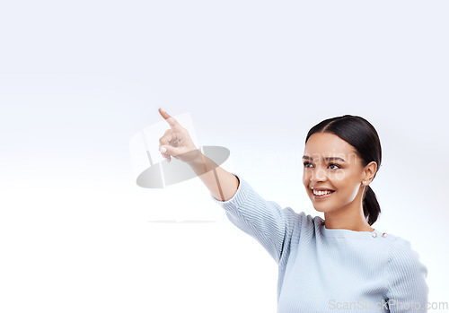 Image of Mock up, happy and studio woman point at direction mock up, sales promotion information or advertising copy space. Brand commercial offer, presentation or female marketing gesture on white background