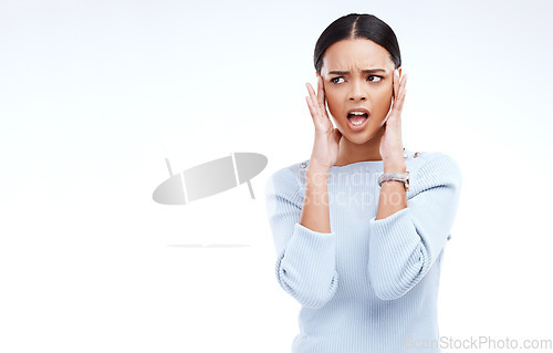 Image of Shock, confused and face of woman upset with hands on head for advertising, copy space and bad news in studio. Emoji reaction, mockup and isolated girl angry, unhappy and surprise on white background