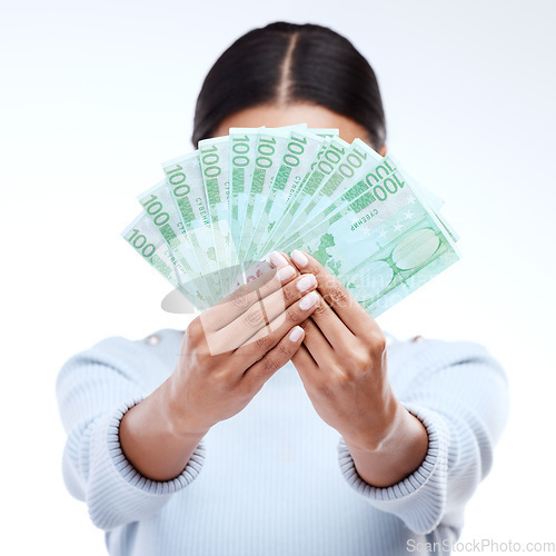 Image of Euro money, hands and studio woman with lottery award win, competition giveaway or bonus cash payment. Finance trading bills, financial freedom or prize winner with person hidden on white background