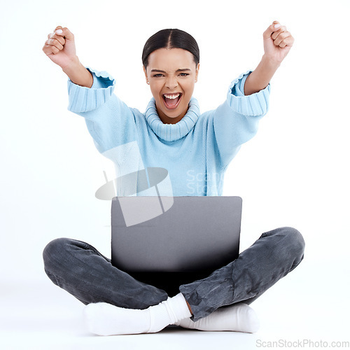 Image of Winner portrait, laptop and happy woman celebrate victory news, winning achievement or finished project. Celebration cheers, student success or excited studio person isolated on white background