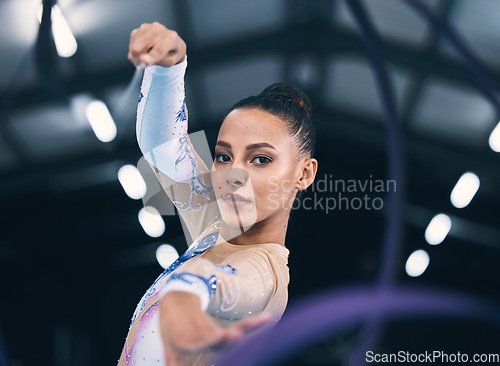 Image of Portrait of woman, ribbon gymnastics and dance for performance, sports competition and action show. Female, rhythmic movement and dancing athlete with creative talent, concert event and agility skill