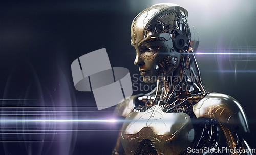Image of Cyborg, ai and alien robot on mockup in futuristic technology, cyberspace or android machine against a dark studio background. Cyber woman robotic intelligence, data innovation or mechanical future