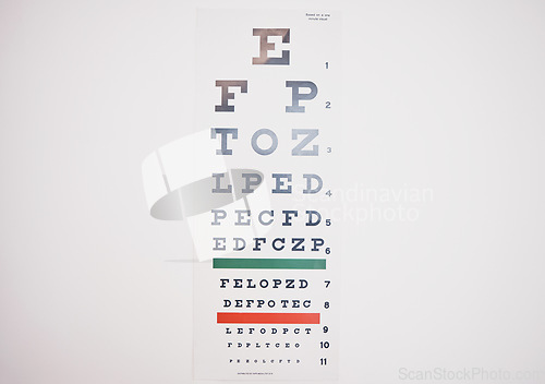 Image of Eye care, chart and background of letters of optometry test, medical consulting or vision exam to see. Poster, character and check eyesight in ophthalmology, healthcare or visual wellness of glaucoma