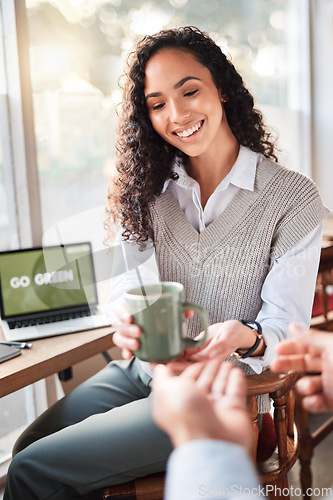 Image of Coffee shop, server and woman customer happy for tea, espresso or hot beverage in a cafe or restaurant for lunch. Smile, waiter and female employee having breakfast service working for eco friendly