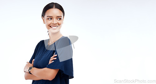 Image of Business, thinking and woman with arms crossed, smile and ideas against a studio background. Mockup, female employee and entrepreneur with confidence, happiness and opportunity for growth and startup