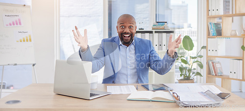 Image of Black man, portrait and wow success in finance office for investment growth, savings budget or financial profit. Smile, happy and winner corporate worker with laptop, paper or insurance achievement