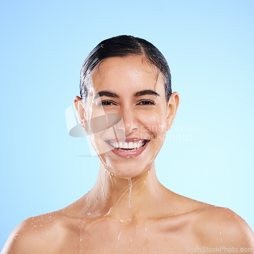 Image of Happy woman, teeth and portrait smile for dental care, skincare or hygiene against a blue studio background. Female face smiling for tooth whitening, oral or mouth surgery and clean beauty on mockup