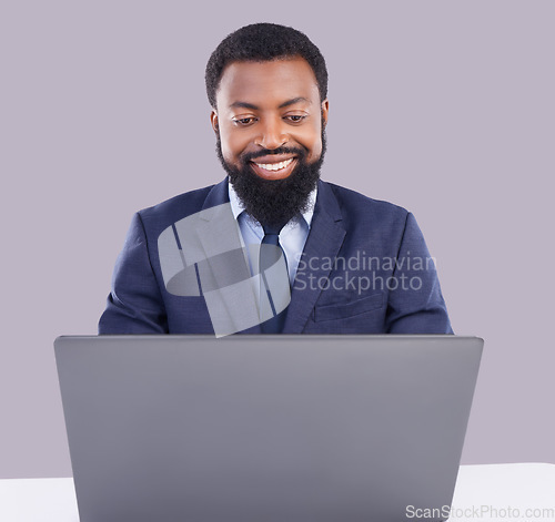 Image of Black man, happy corporate and laptop in studio for planning, business research and internet. Male employee, computer technology and background for website connection, online stocks or digital trader