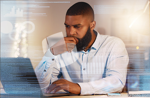 Image of Thinking, finance hologram and black man on laptop working on stock trading, data analytics and research. Digital overlay, business and male worker with ideas, brainstorming and strategy on computer