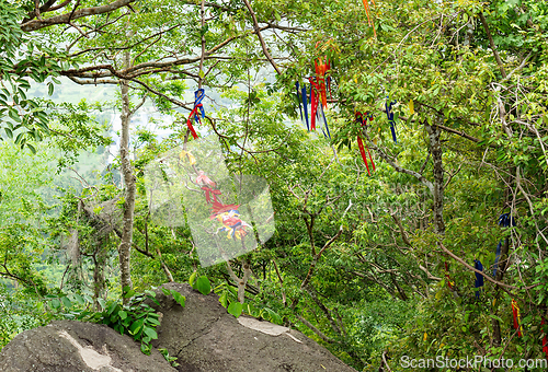 Image of Ribbons in trees at Wat Khao Tabaek in Chonburi, Thailand