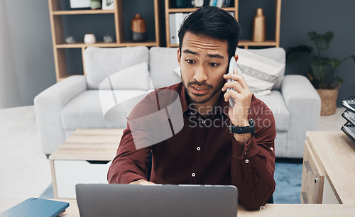 Image of Phone call communication, laptop problem and man talking to tech contact for computer system, 404 error or database crash. Reading, remote work from home and networking person consulting on crisis