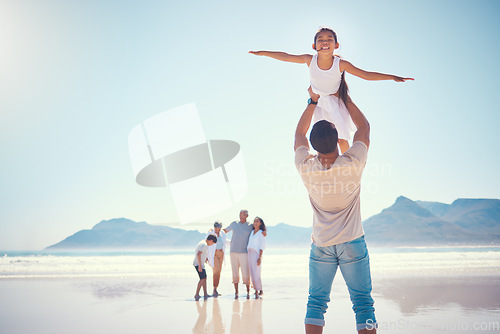 Image of Beach, family and girl with father, airplane and playing, happy and carefree against blue sky background. Freedom, flying and child with parent, grandparents and sibling on ocean travel or holiday