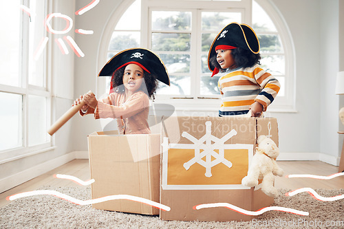 Image of Pirate, box and children playing fantasy game in home living room with costume, telescope or ship. Black boy and girl or kids together for creative play illustration and boat to sail for development