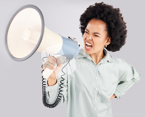 Image of Megaphone, protest and black woman shouting in studio isolated on white background. Screaming, angry and person with loudspeaker protesting for human rights, change or justice, announcement or speech