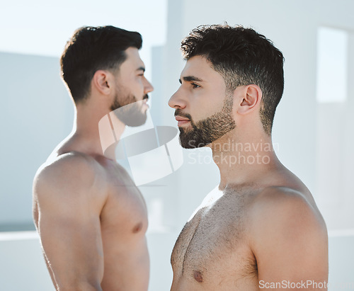 Image of Men, art deco and profile of a man showing homosexual, lgbtq and contemporary artwork. Creative, live statue and power of male couple of friends body with in a white open outdoor with artistic vision