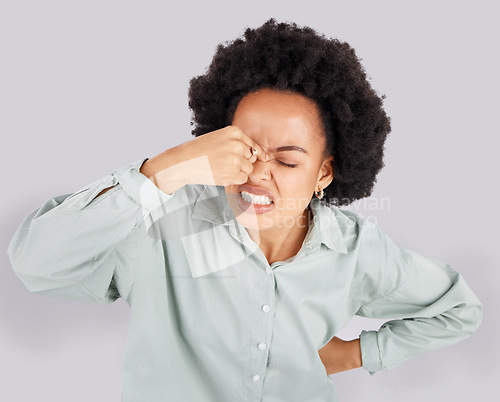 Image of Headache, stress and face of frustrated black woman in studio with upset, angry and pain facial expression. Burnout, mockup and girl on white background with confused gesture, migraine and thinking