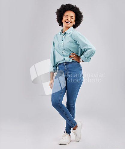 Image of Fashion, happy and portrait of black woman in studio with smile, confidence and happiness on white background. Business, success mockup and isolated girl with positive mindset, empowerment and pride