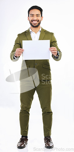 Image of Studio placard, happy man and portrait mockup with marketing poster, advertising banner or product placement. Business logo mock up, billboard promo sign and brand person isolated on white background