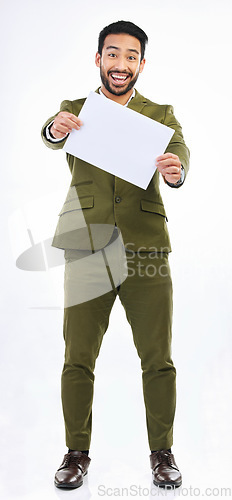 Image of Sign poster, happy man or portrait mockup with marketing placard, studio advertising banner or product placement. Business logo mock up, billboard promo or excited person isolated on white background