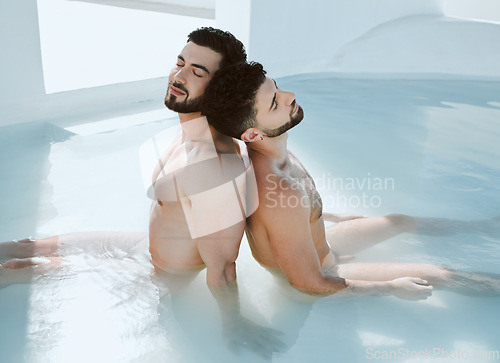 Image of Calm, sleep and men in a pool for swimming, relaxation and summer enjoyment. Spa, hot tub and or an lgbt gay couple sitting in water for stress relief, comfort and leisure on a luxury holiday