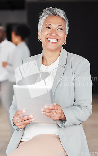 Image of Happy, corporate and portrait of a woman with a tablet for an email, communication or internet. Smile, mature and an executive manager working on technology at a company for research and the web