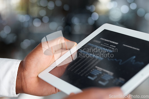 Image of Hands, tablet screen and stock market app for investment on bokeh background. Dashboard, technology and business person with touchscreen for finance ui, analytics or graphs for trading or fintech.