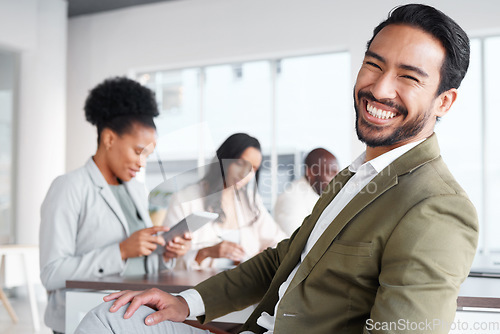 Image of Portrait, meeting and a business man in the office with a positive mindset for planning or strategy. Corporate, professional and vision with a young male employee sitting in his work boardroom