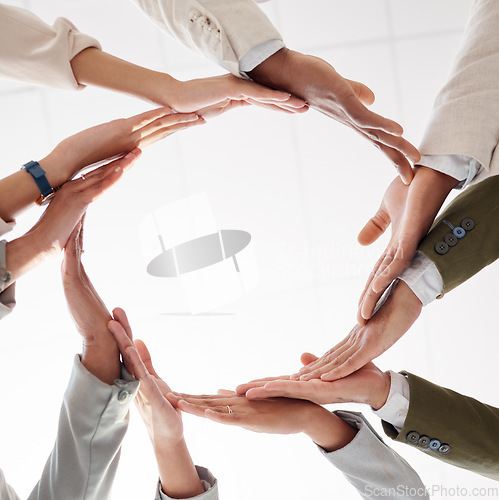 Image of Circle, teamwork and synergy hands of people collaboration, workflow and group or team building from below. Integration, formation and support, cooperation or community of women and men in agreement