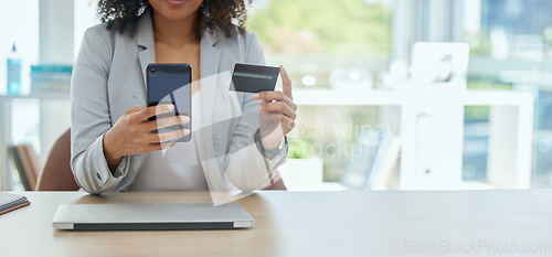 Image of Worker hands, smartphone or credit card in payment, financial growth management or online shopping on office mockup. Mobile banking, investment or finance app for corporate woman on budget technology