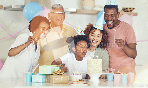 Image of Birthday, party and cake with family in kitchen for celebration, bonding and affectionate. Happiness, excited and grandparents with parents and child at home for surprise, fun and event