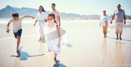 Image of Beach, big family and kids running, playing and walking on ocean sand together in Mexico. Fun, vacation and happy men and women with children bonding, quality time and summer adventure in nature.