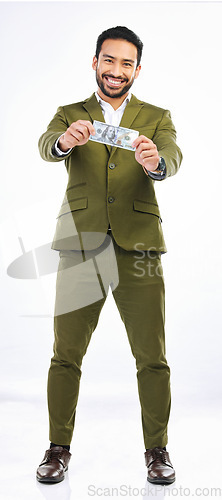Image of Money, cash and business man with dollar on studio background for investment, financial savings and payment. Finance profit, winner and isolated happy male for winning, budget or stock market success