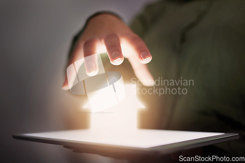 Image of Closeup, house and hand with hologram, tablet and insurance with technology, future and security. Zoom, hands or home with device, safety or holographic with solutions, protection or cover innovation