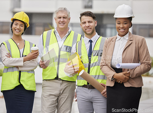 Image of Construction site, portrait and team at a building for planning, creative and collaboration. Architecture, business people and designer group with blueprint, documents or engineering development plan