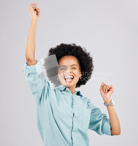 Image of Excited, celebration and portrait of black woman in studio with winning, achievement and good news. Success, winner mockup and isolated girl on white background cheer for bonus, prize and victory