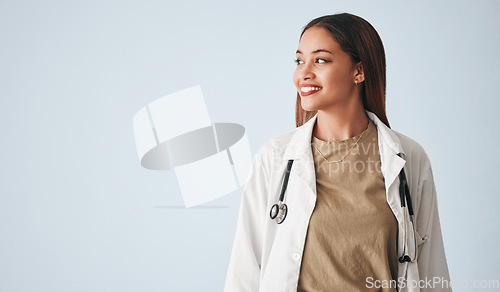 Image of Idea, woman and smile of doctor in studio isolated on a white background mockup. Thinking, healthcare and happy, confident and proud medical professional, surgeon or female physician for wellness.