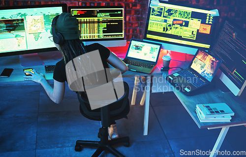Image of Coding, hacker woman and computer for cybersecurity, programming and big data at night. Digital, dashboard and technology of a female working on futuristic, iot and software database for phishing