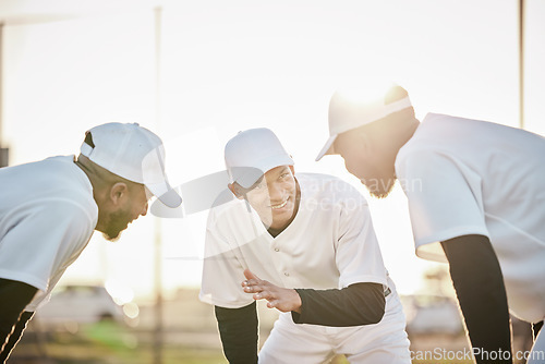 Image of Teamwork, baseball or men planning with motivation, hope or faith in training workout match or game on sports field. Softball, smile or leadership with happy athlete group excited for mission goals