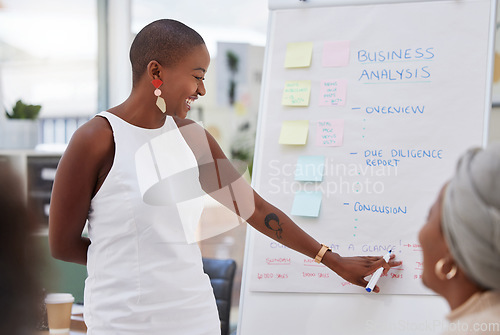 Image of Business meeting, woman speaker smile and writing from women employee group from analysis presentation. Whiteboard, happy worker and staff with collaboration and teamwork of working team and idea