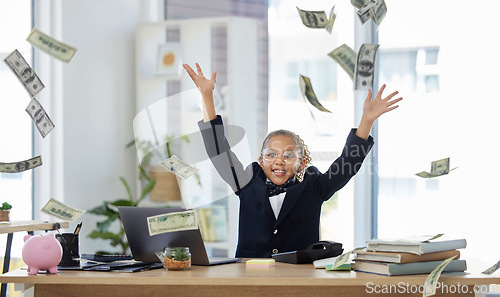 Image of Business, office and child with money rain, smile and education in budget management or success in finance. Portrait of girl, cash and celebration of financial wealth, invest in future corporate kid.
