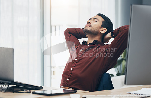 Image of Corporate asian man, rest and stretching in office for stress, tired or burnout with eyes closed. Entrepreneur, businessman and fatigue with computer for web design, frustrated or overworked at desk