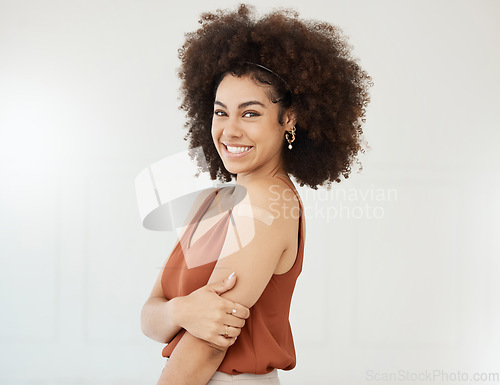 Image of Woman, smile portrait and covid plaster on arm in studio for injection on medical insurance. Female model happy on white background for healthcare vaccine, safety compliance and medicine mockup space