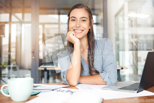 Image of Woman designer, portrait and smile at desk for documents, pride and blueprint management in Canada. Happy young female engineer in office with confidence planning architecture strategy in company