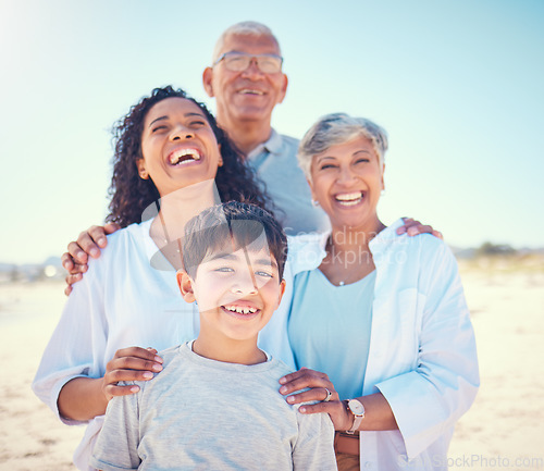 Image of Nature, family and portrait of grandparents with kids, smile and happy bonding together on ocean vacation. Sun, fun and happiness for senior man and hispanic woman with children on holiday in Mexico.