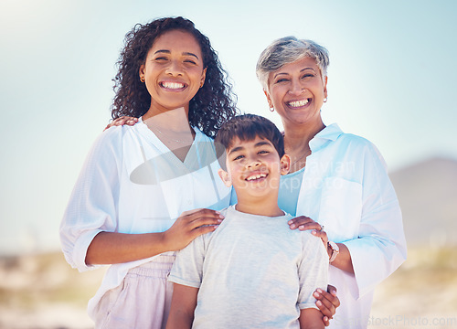 Image of Portrait of mom, grandma and child with smile and happy family bonding together on outdoor vacation. Sun, fun and happiness for mother, old woman and boy on summer holiday travel to relax in Mexico.