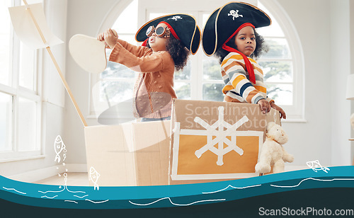 Image of Sailing, box ship or pirate children role play, fantasy imagine or fun pretend in cardboard yacht container. Sea captain sailor, ocean boat game or portrait black kids on Halloween cruise adventure