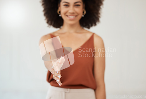 Image of Business woman, handshake and portrait smile for meeting, greeting or recruitment hiring at the office. Hand of happy female recruiter shaking hands for thank you, welcome or deal in work agreement