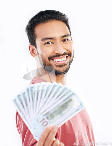 Image of Money, cash investment and portrait of man on white background for budget, financial savings and payment. Finance profit, winner and happy male for winning, prize and stock market success in studio