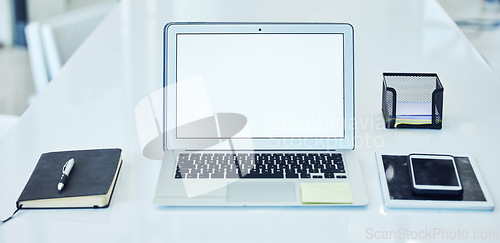 Image of Backgrounds, laptop and mockup screen at office desk for web design, media research and technology. Blank computer, internet and mock up in business for advertising, marketing and connection on table